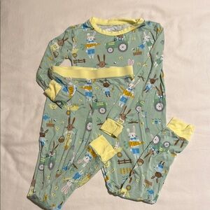 Little sleepies green pajama set with bunnies gardening